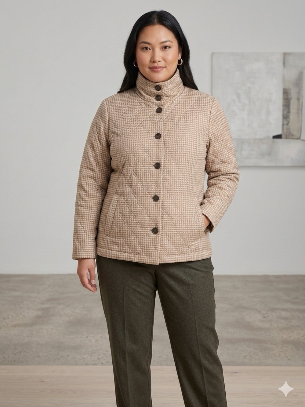 Lands' End Quilted Insulated Barn Jacket Pecan Houndstooth Mock/ Funnel Neck L/P